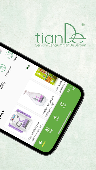 Skutečný náhled aplikace tianDe Beroun s nabídkou produktů